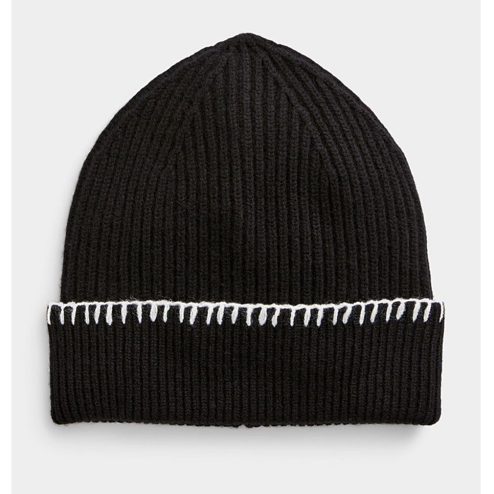 Jack & Jones unisex black white contrast stitch pure wool tuque hat beanie NWT